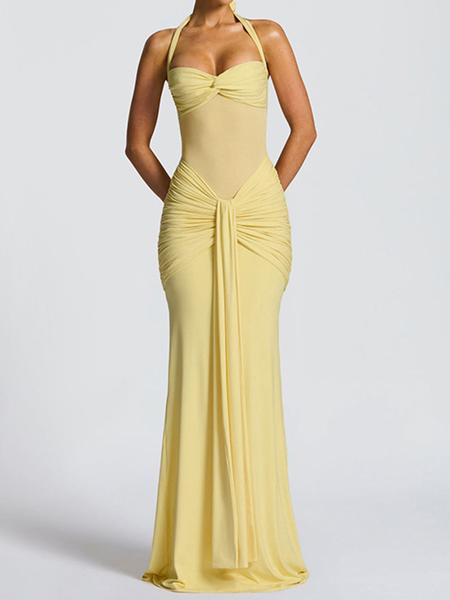 Elegant Women's Halter Neck Tie Back Sheer Mesh Dress, Sexy Long Flowy Gown, Fashionable Plain Color Evening Wear