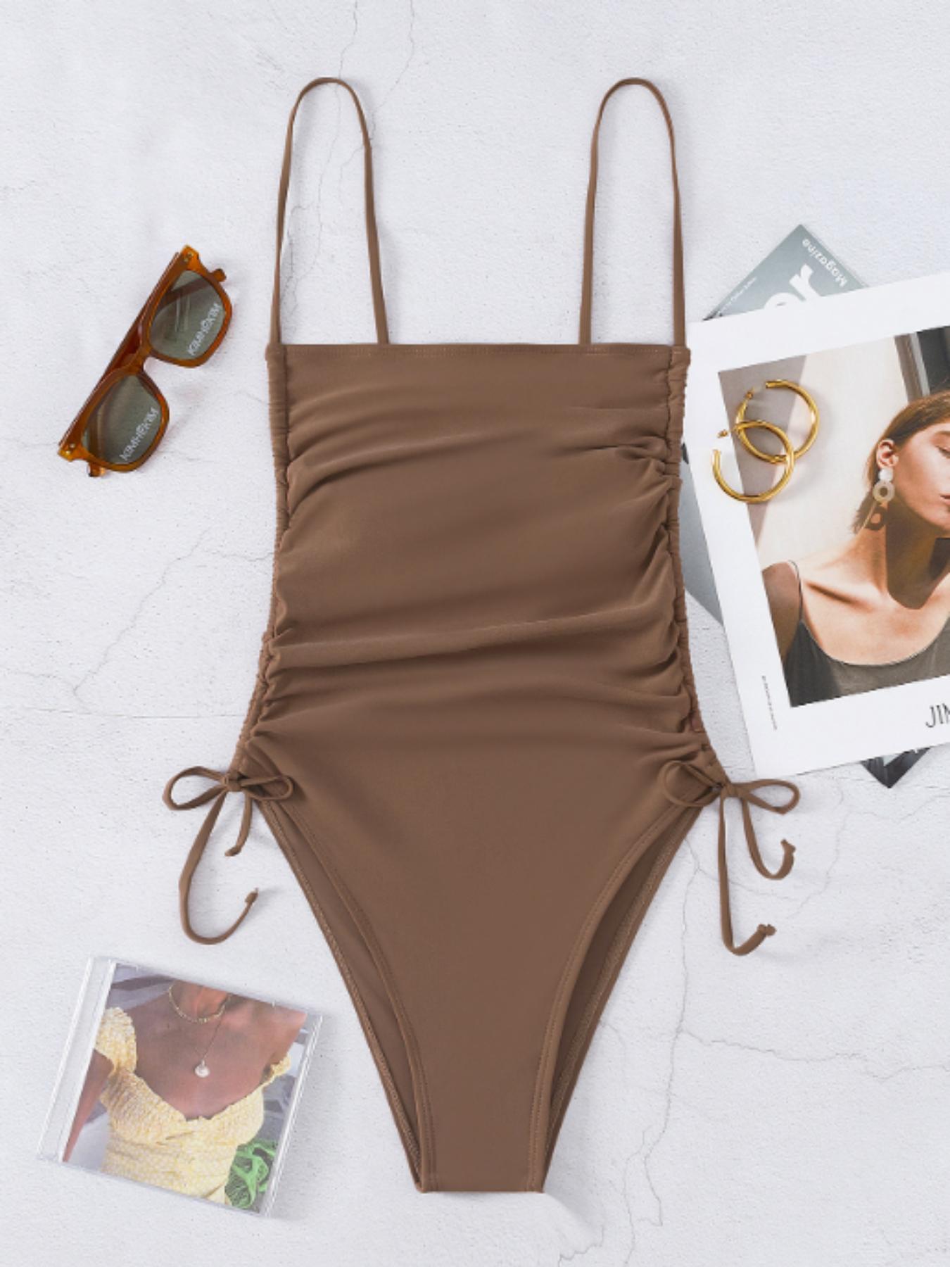 Women's Solid Tie Side Wrap One-piece Swimsuit, Swimsuit Bodysuit, Casual Elegant Sleeveless Swimwear for Beach Holiday Vacation, Ladies Swimsuit for All Seasons