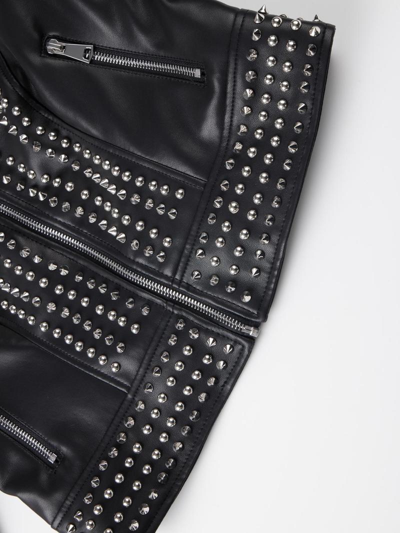 Women's Spring Autumn Jacket, Casual Fitted Long Sleeve, Vintage Stand Collar, Rivet Motorcycle Jacket with Zipper Pockets