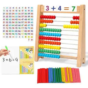 Wooden Abacus for Kids Math 10-Row Counting Educational Toy with 100 Beads, Number Cards & Counting Sticks, Math Gift for 3-7 Year Old Boy Girl