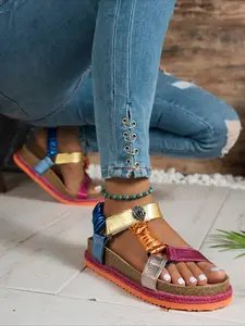 Color-block ankle strap wedge sandals with layered platform sole, comfy for casual daily wear.