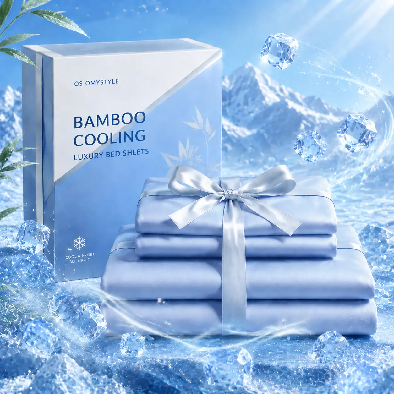 OS OMYSTYLE  3/4 PCS Cooling Bamboo Bedding Set, Soft Breathable Bed Sheets with 16-Inch Deep Pocket Fitted Sheet, All-Around Elastic, Cool Touch, Moisture-Wicking, Fade Resistant, Includes Flat Sheet and 1/2 Pillowcases, Bedroom Set for Kids & Children