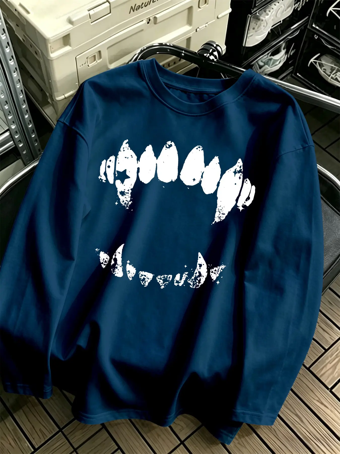 Men's Vintage Ripped Fangs Sawtooth Ghost Face Long Sleeve T-Shirt, American Dark Punk Style, Fitted Rock Skateboard Top