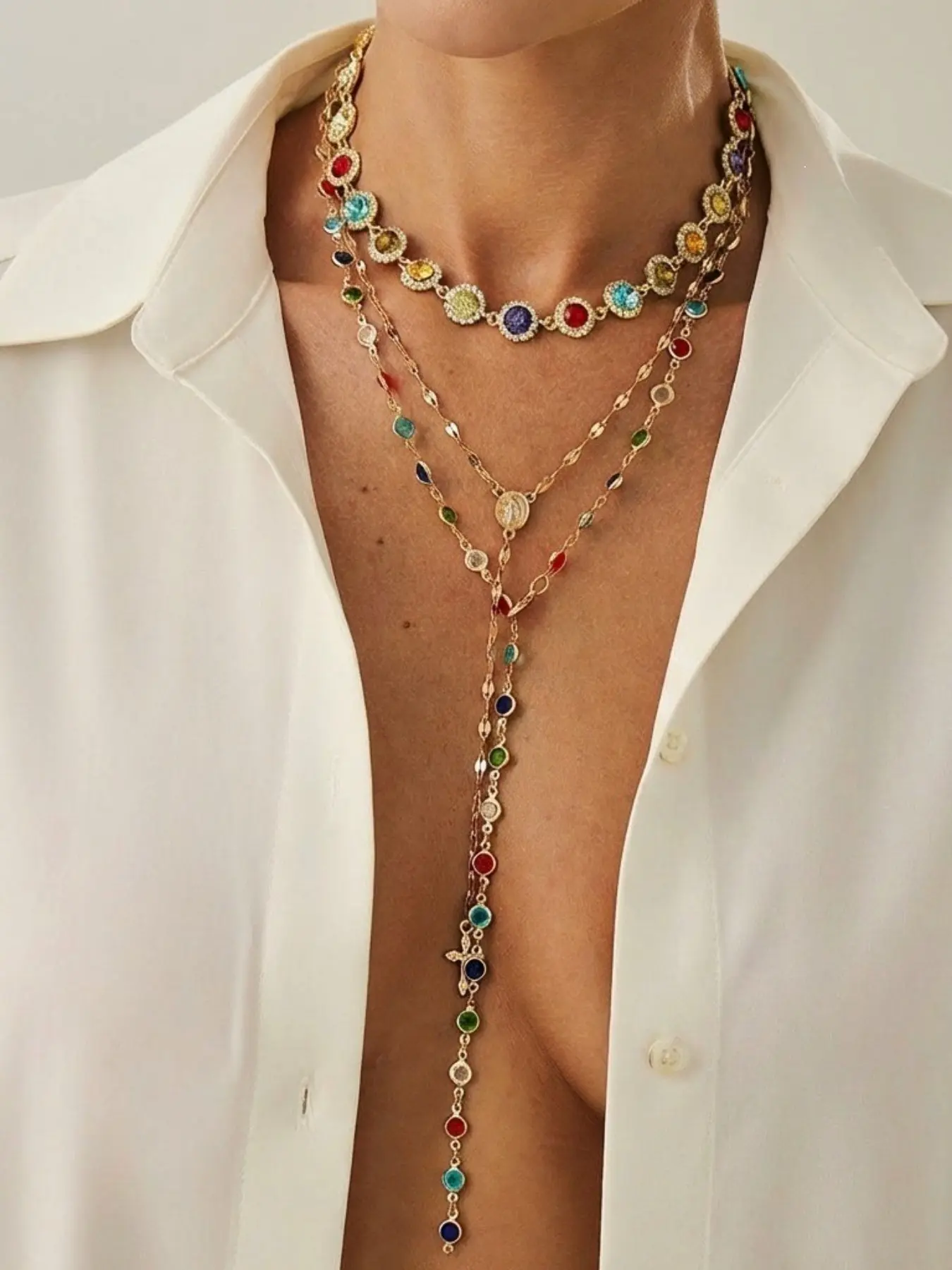 3 Piece Rhinestone Necklace Set, Long Colored Clavicle Chain, Cross Pendant, Fringe Body Chain, Fashion Jewelry, Fashion Accessories