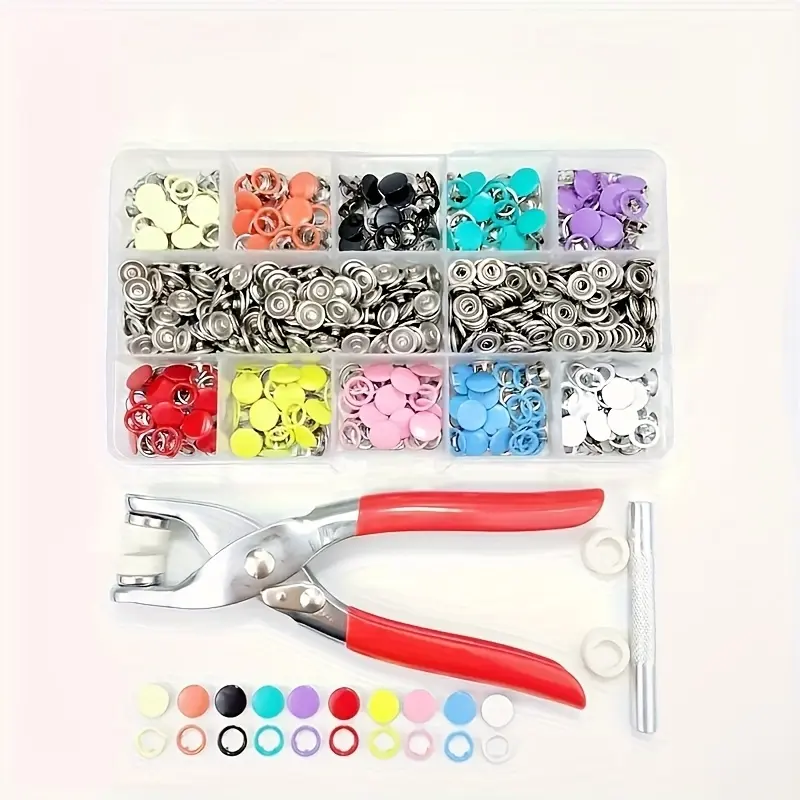 A Set Of 200pcs Of 10 - Color Metal Snap - Button Sets (9.5mm). This Set Includes 100 Solid And 100 Hollow Snap - Buttons, Along with A Fixing Plier Tool. It's Suitable for DIY Handicrafts, Clothing, Hats, And Sewing Projects