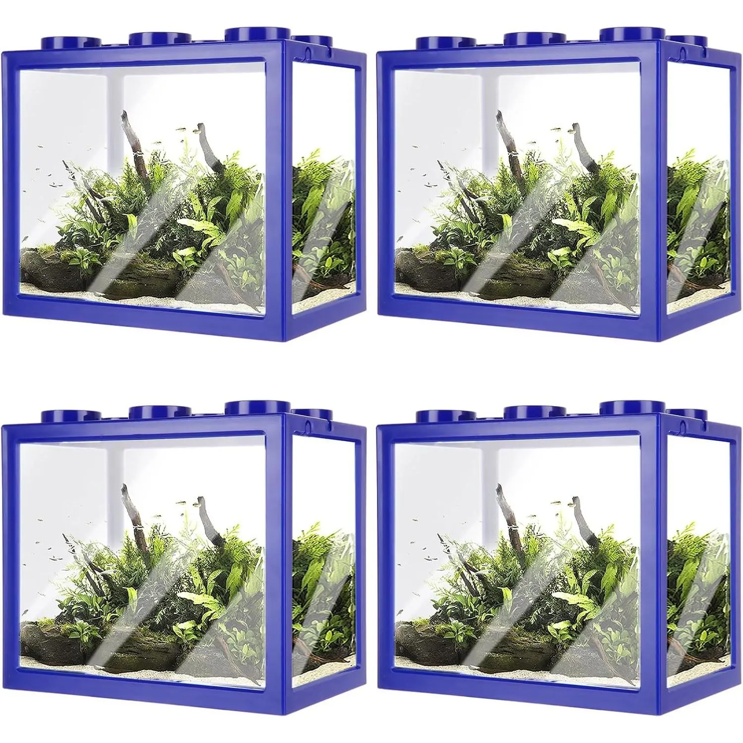 4PCS Plastic Small Betta Fish Tank 0.6 Gallon Stackable Fish Bowl Cube Aquarium Tank for Shrimp Turtle Small Crab Blue