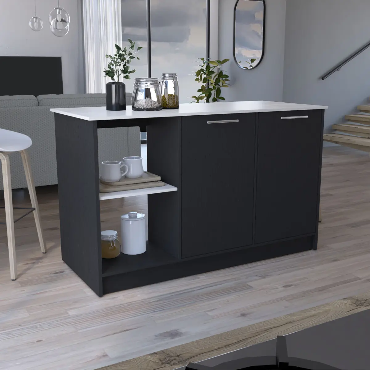 Modern Juniper Compartmentalized Kitchen Island - 59" Wide Rectangular Prep Station, 25.2x25.2x35.4in Stone Top, Double-Door Cabinet, Open Shelves, Black/Macadamia Finish, Smart Storage, Easy Assembly Required, Single Unit Food Storage Solution