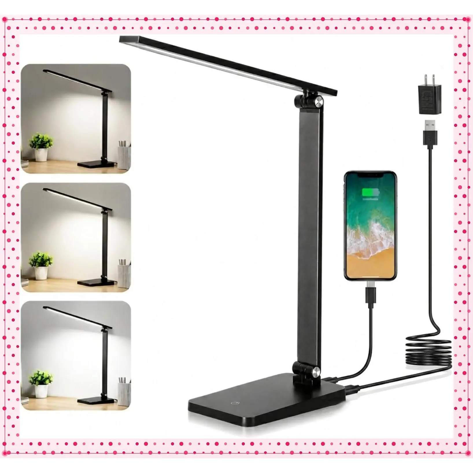 LED Desk Lamp for Home Office, 3-Level Dimmable Table Lamp with USB Charging Port, Small Reading Light, Black, 5000KGift