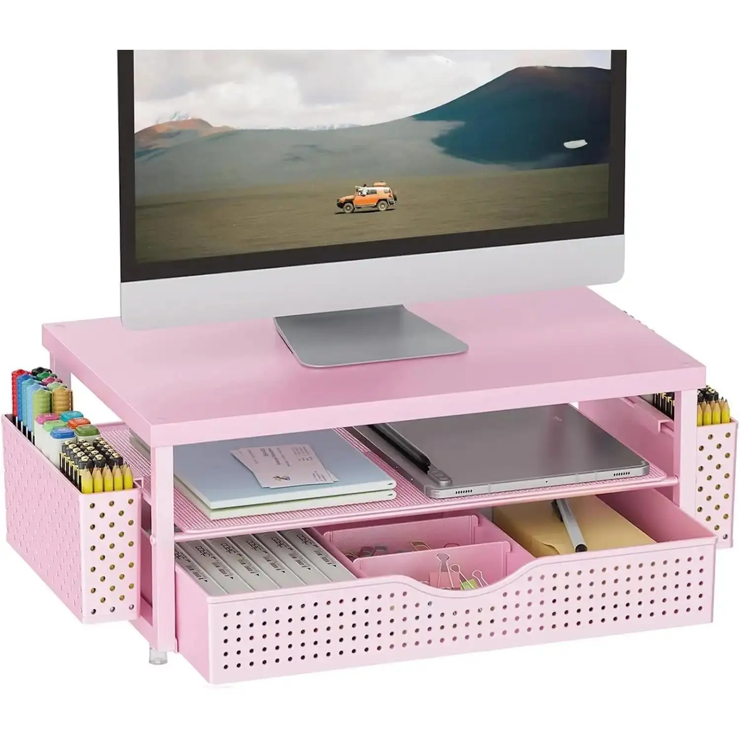 Women's  2-Tiered Multi-Functional Organizer - Wood Monitor Stand Riser with Desk Storage Drawer, 2 Pen Holders, Computer & Office Desk Accessories (Drawer Storage Included)