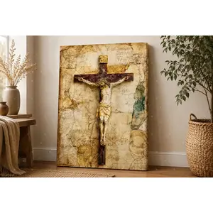 Antique Artistic Jesus Crucifixion Canvas Wall Artwork, Vintage Christian Cross Poster Print, Religious Faith Decoration for Living Room, Prayer Room, Ideal Christian Gift (Unframed Poster or Framed Canvas Wrap)