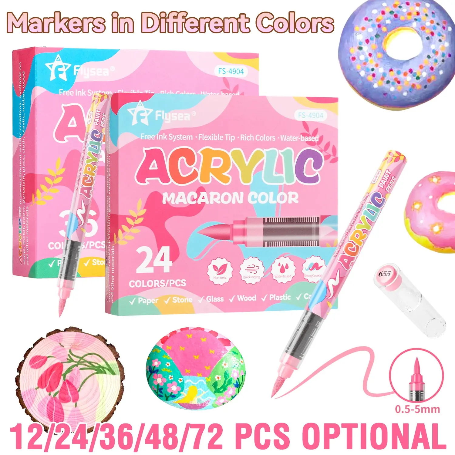 Flysea Acrylic Marker Pens, Skin Tone & Macaron Colors, Professional Art Set, 12/24/36/48/72 Colors, Non-Transparent Watercolor Brushes, Art Painting Supplies, Artist Supplies, Art Craft Supplies