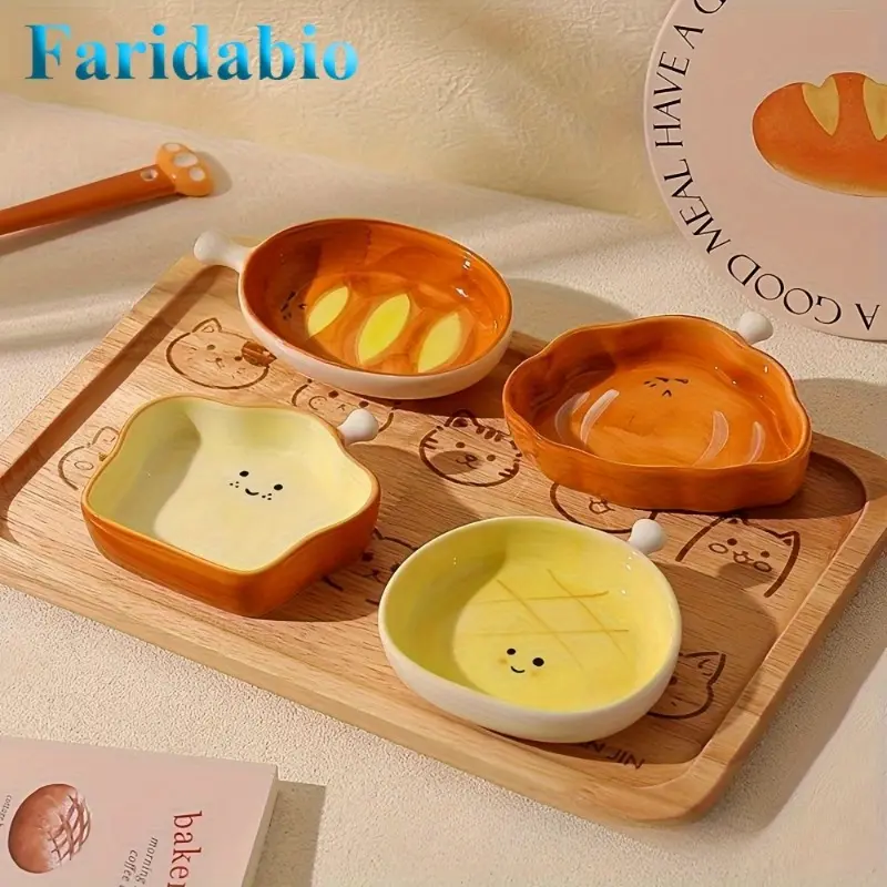 Ceramic bread shaped seasoning dish set, consisting of four pieces, each measuring 4 inches in size, designed by hand painting, perfect for holding soy sauce, seasoning sauce, and seasoning sauce. These exquisite plates are perfect for any meal