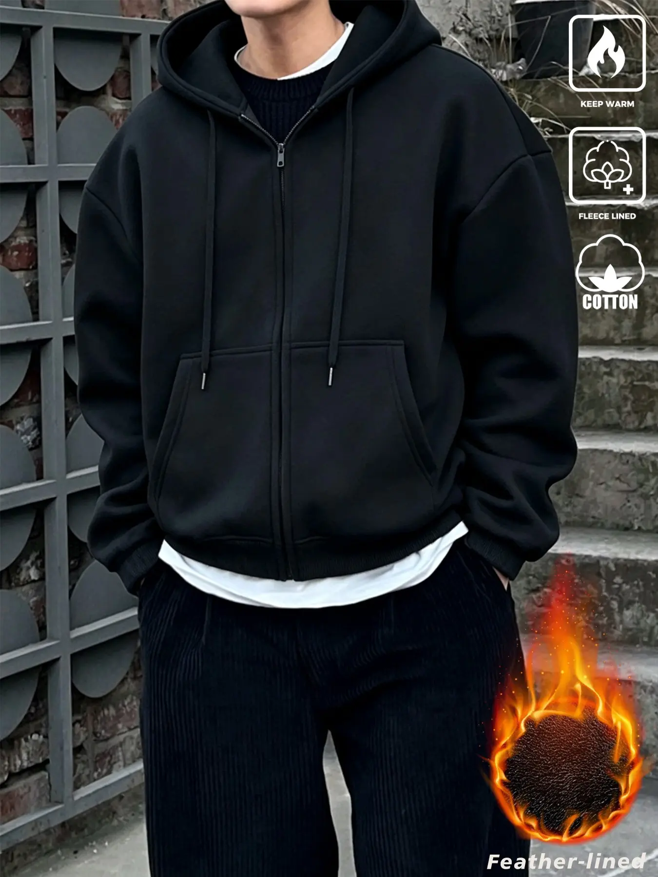 Unisex design, street style, autumn and winter version with fleece lining, zippered hood, basic loose-fitting shoulder-drooping hoodie jacket. Soft, plush interior lining, casual open-style sweater for warmth, minimalist, versatile, fleece-lined, solid-co