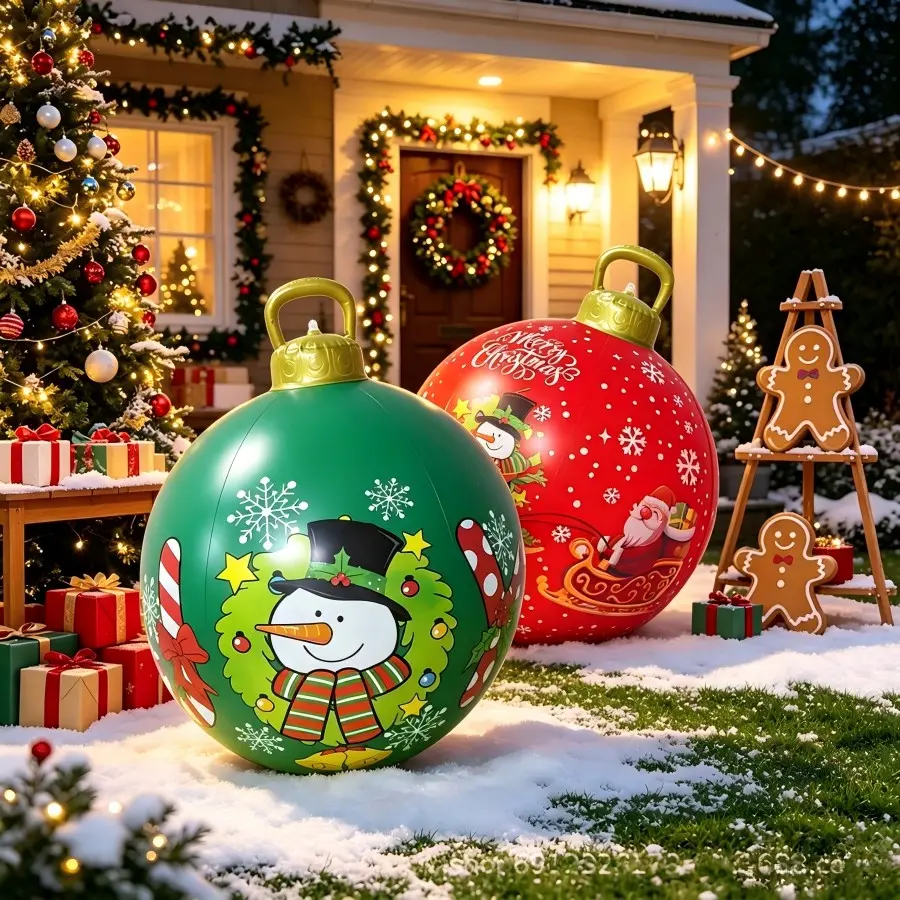 23.6-Inch Large Inflatable Christmas Balls, PVC Thick Leak-Proof Decorative Ornaments, Luxury Retro Outdoor Indoor Hanging Decorations, 2-Pack