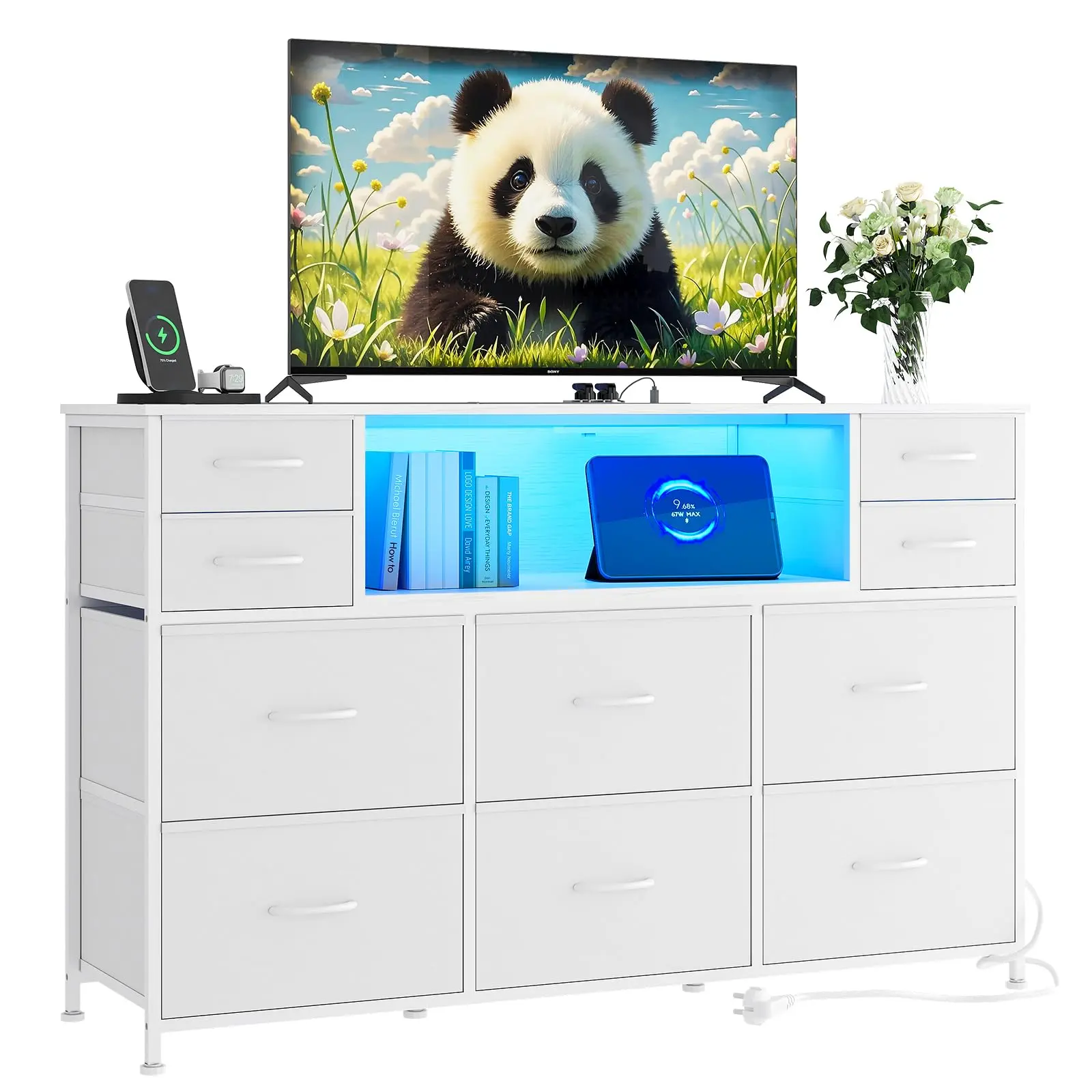 10-Drawer Dresser with LED Lights and Charging Station, Wood Top, Open Shelves, Entertainment Center, TV Stand for 40"-55" TVs, Chest of Drawers for Bedroom, Living Room, Hallway in White
