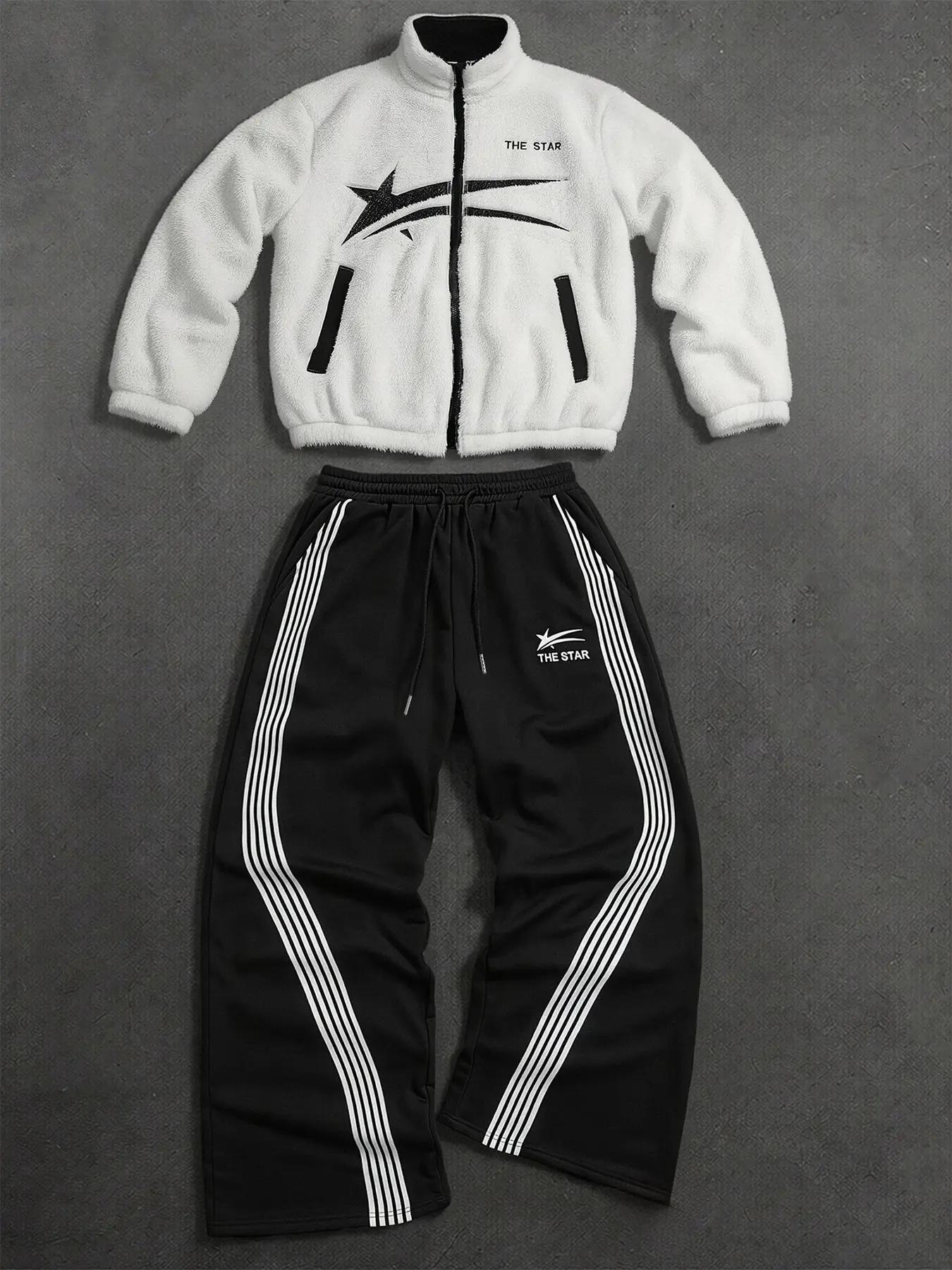 Men’s 2 Piece Tracksuit Set, Star Print Sherpa Fleece Zip Jacket & Side Stripe Wide Leg Sweatpants Matching Outfit, Y2K Streetwear Co Ord Loungewear, Soft Warm Fluffy Jacket Fabric, Elastic Waist Loose Wide Leg Pants With Triple Side Stripes, Uniform Star