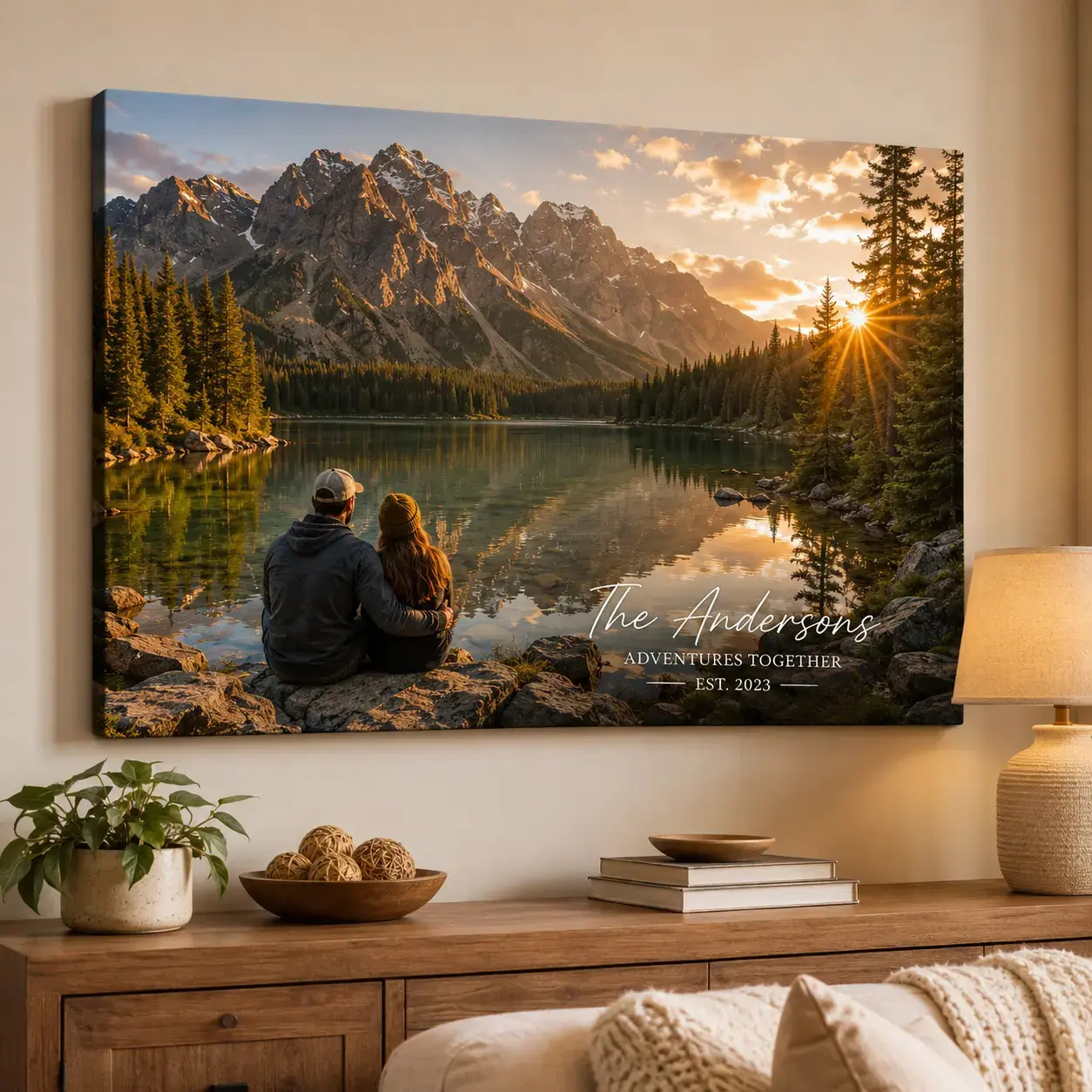 Custom Couple Photo Canvas Wall Decor Poster, Personalized Custom Name & Date Text Landscape Picture Wall Art for Living Room Bedroom Cabin, Decor Poster Print, Available as Unframed Canvas Poster or Framed Canvas Wrap