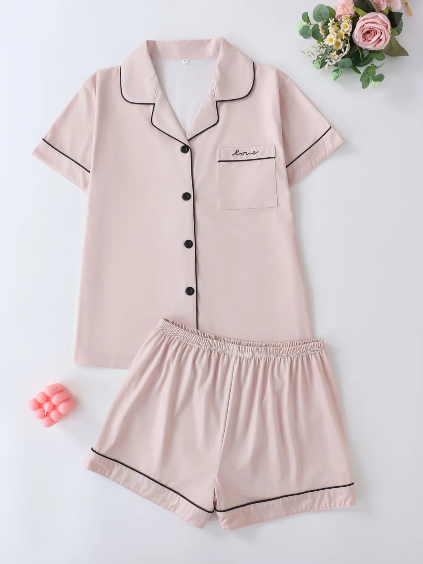 Two-Piece Soft Minimalist Light Short Pajama Set Nightwear Loungewear, High-Quality Smooth Fabric, Unique Pocket Embroidery, Loose Button Front, Sweet Style, PJ Sets