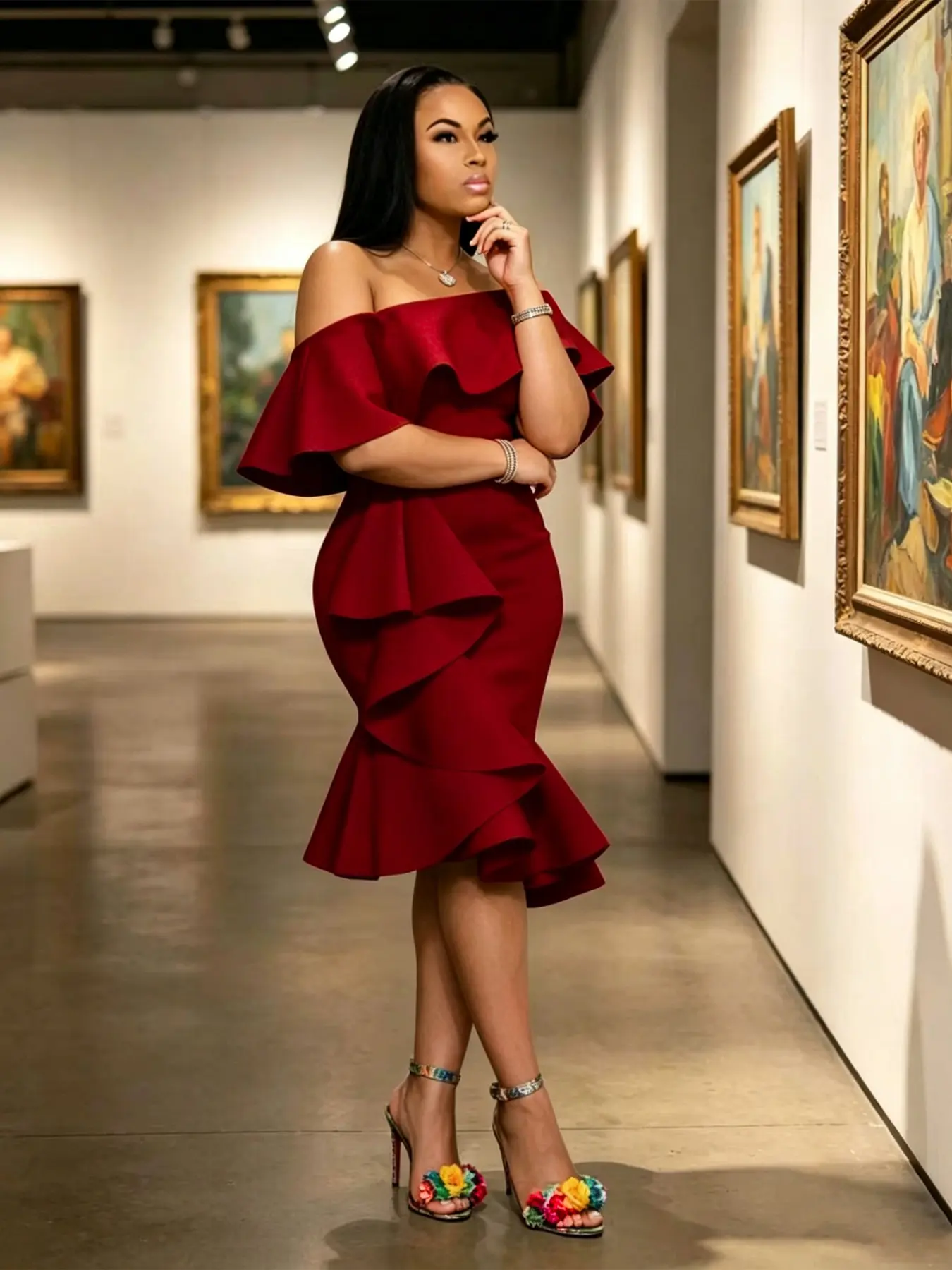 Elegant Off-Shoulder Ruffled Midi Dress, Slim-Fitting Solid Color Evening Gown, Fish Tail Design, Women's Fashionable Long Dress