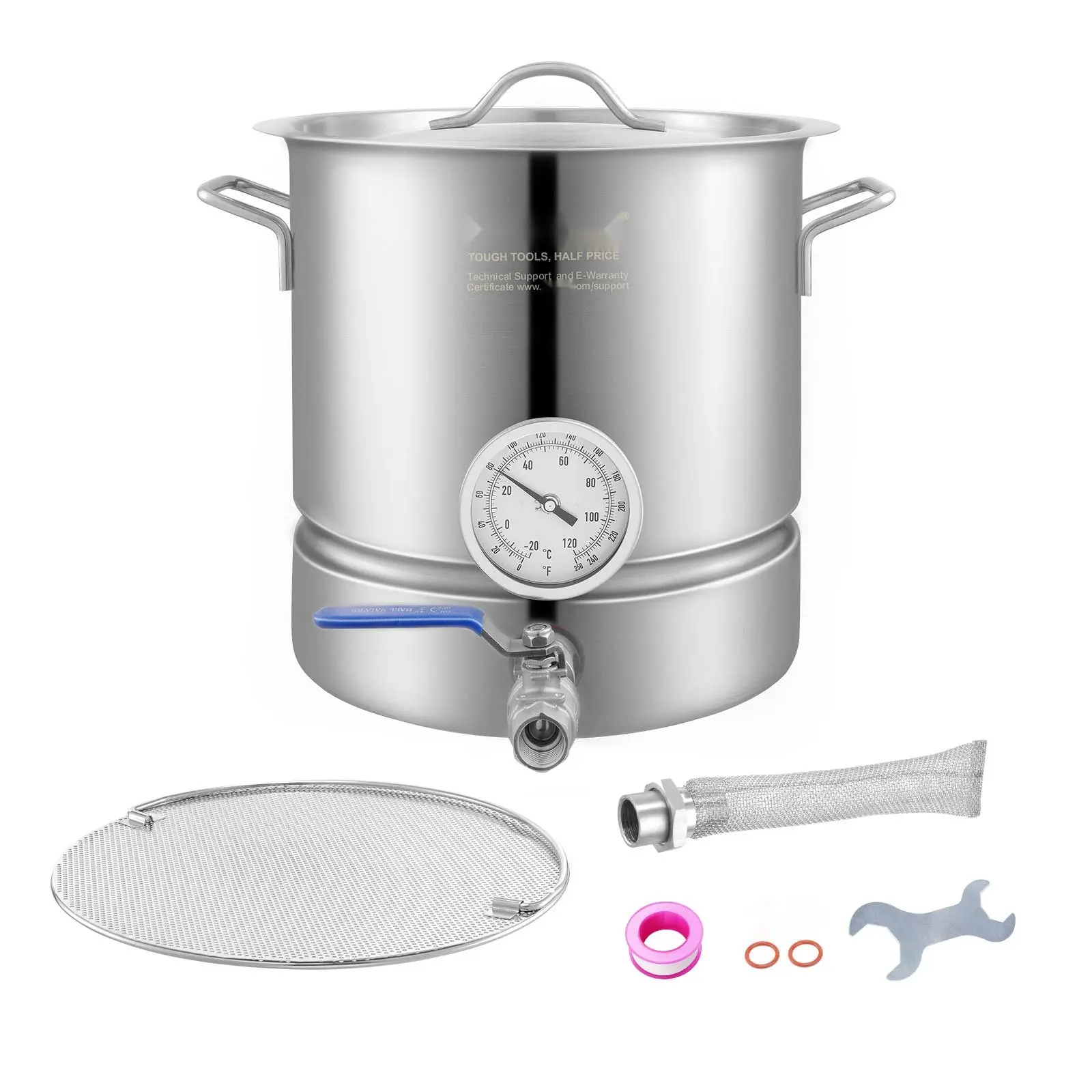 Stainless Steel Kettle, 5 Gallon Brewing Pot, Tri Ply Bottom For Beer, Brew Kettle Pot, Home Brewing Supplies Includes Lid, Handle, Thermometer, Ball Valve Spigot, Filter, Filter Tray