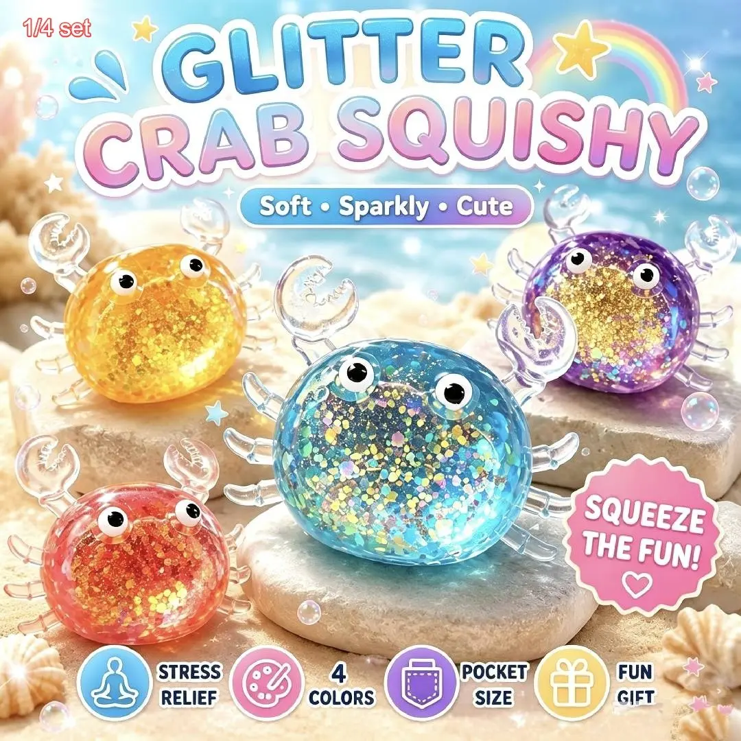 Flashy Crab Mallow Squishy Set, Tpr High Elastic Soft Glitter Squishy Toy, 4 Colors Available, Stress Relief Sensory Toy for Kids and Adults, Sparkly Squishies