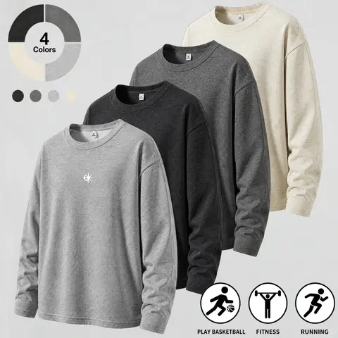Men's Crewneck Sweatshirt casual pullover - cotton-blend heathered fabric, loose drop-shoulder fit, small chest star graphic, everyday streetwear for basketball & running, lightweight all-season long sleeve top