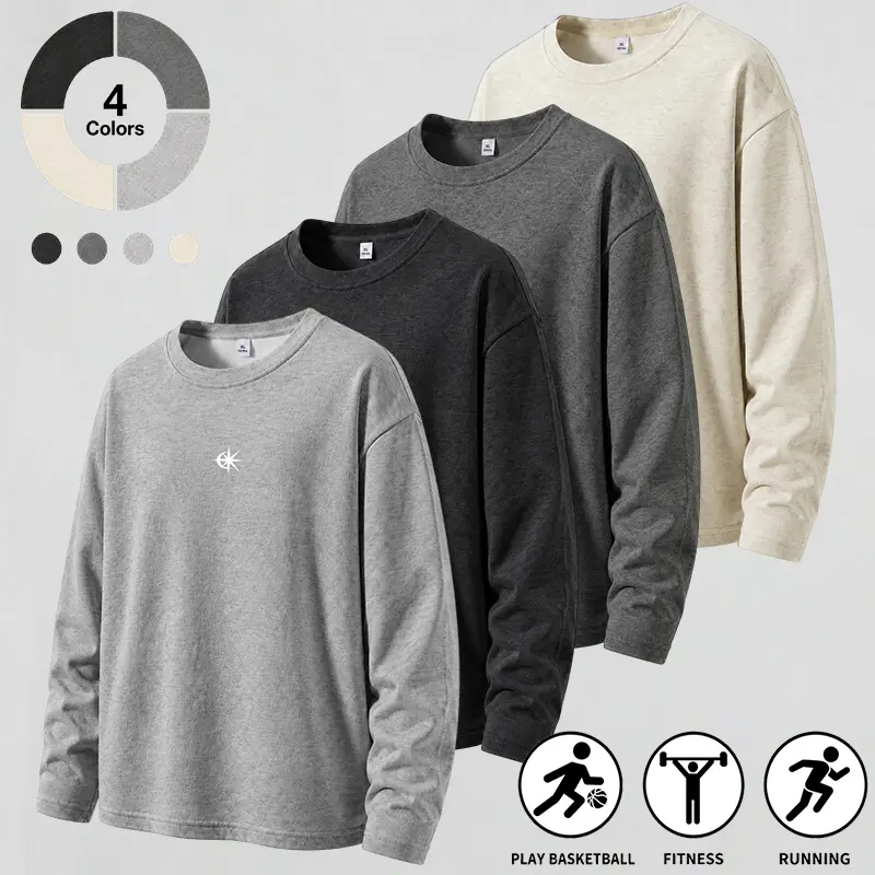 Men's Crewneck Sweatshirt casual pullover - cotton-blend heathered fabric, loose drop-shoulder fit, small chest star graphic, everyday streetwear for basketball & running, lightweight all-season long sleeve top