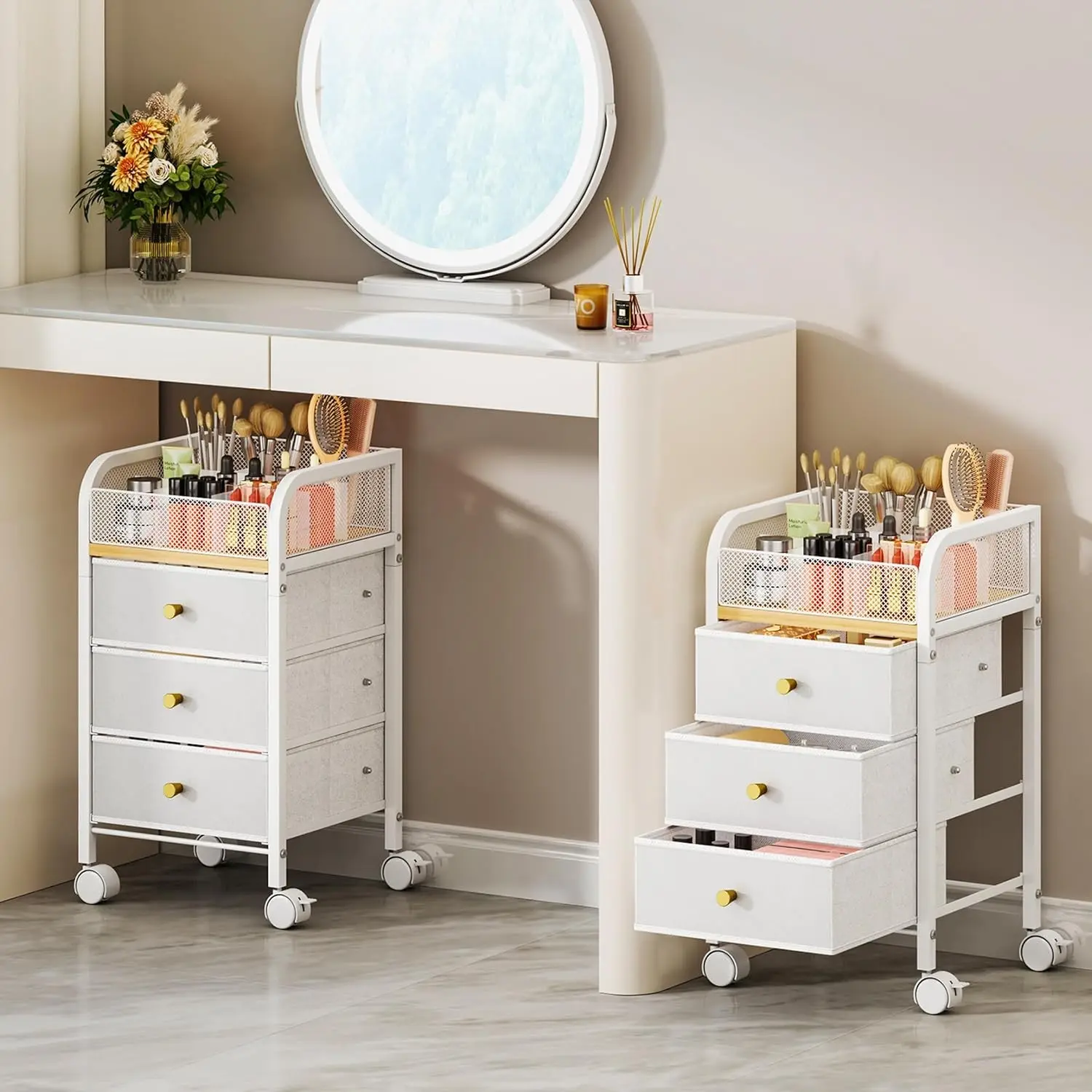 Rolling Makeup Organizer Cart - Under Desk Vanity Makeup Storage with 3 Non-woven Drawers, Nail Cart Organizer Cosmetic Display Cases Cabinet for Skin Care Perfume Nail Polish Brush Hair Tool