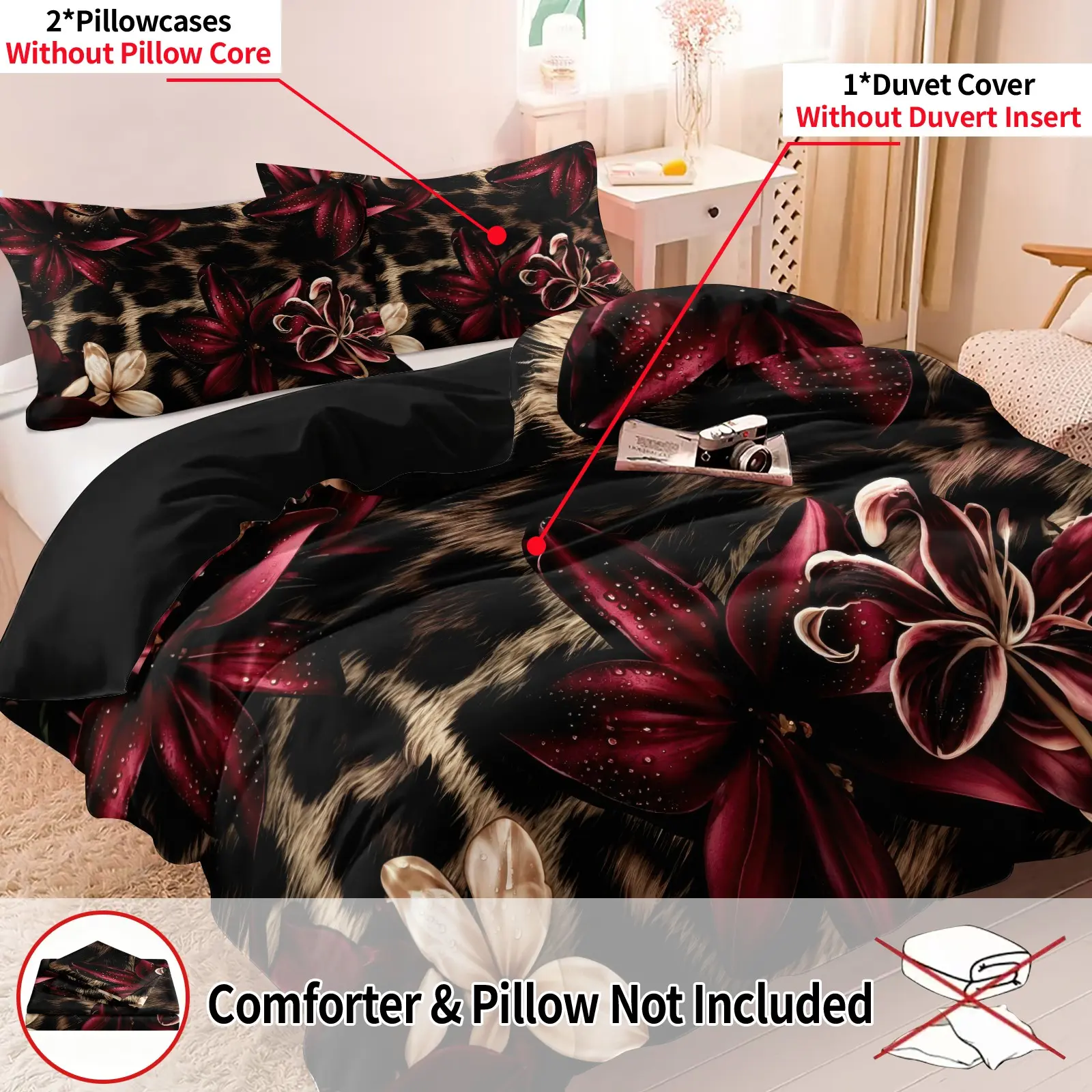 3PCS Leopard Print Burgundy Lily Flower Duvet Cover Set, 1 Comforter Cover + 2 Pillowcases, Soft & Breathable All Seasons, High Definition Digital Print, Decorative Bedding, Ideal Gift Choice For Teens & Adults Bedroom Dorm Hotel Decor