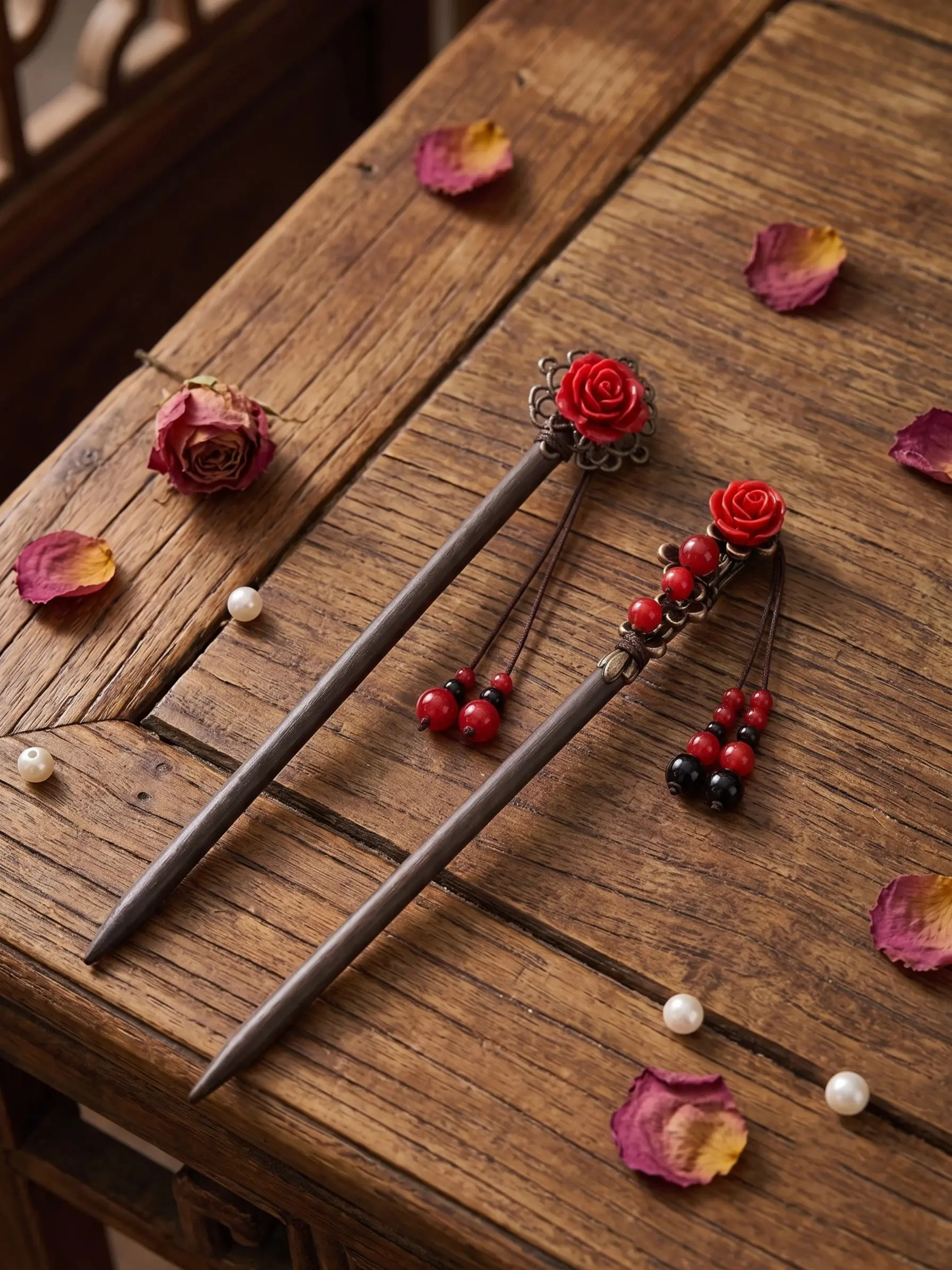 2pcs Chinese Style Wooden Hair Stick, Rose Tassel Hair Pin for Women, Elegant Hair Bun Accessory for Long Hair, Hanfu, Cheongsam, Party & Everyday Wear