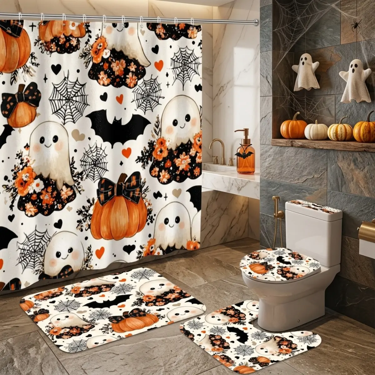 4-Piece Halloween Shower Curtain Set for Bathroom Decor, Funny Shower Curtains, Cartoon Smiling Ghosts & Pumpkins Bat Spiderweb Print with Matching Bath Mat Rugs, Cozy Fall Halloween Style TikTok Trending