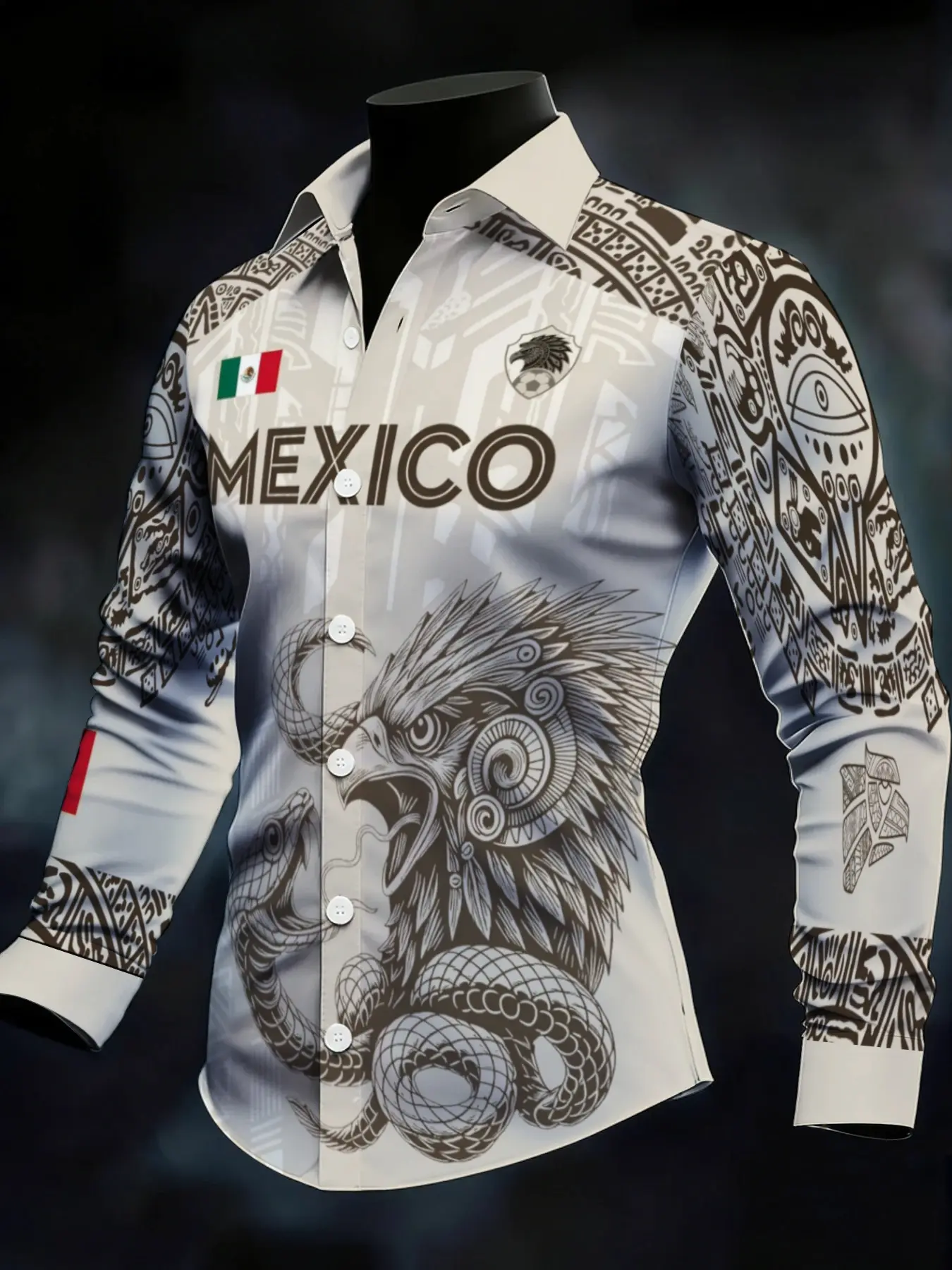 Men's Long Sleeve Relaxed Fit Shirt Mexico Cultural Totem Print Fashion Casual Printed Loose Fit Trendy Personality Ethnic Style Pattern Top Suitable for leisure and sports scenariosFootball Game Day Casual Outfit For Mexican Fans，Soccer Fan Ethnic R
