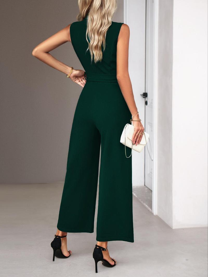 Women's Solid Color Jumpsuit with Belt, Elegant Fashion Casual Jumpsuit for Daily Outdoor Wear, Women Jumpsuits for Spring Fall