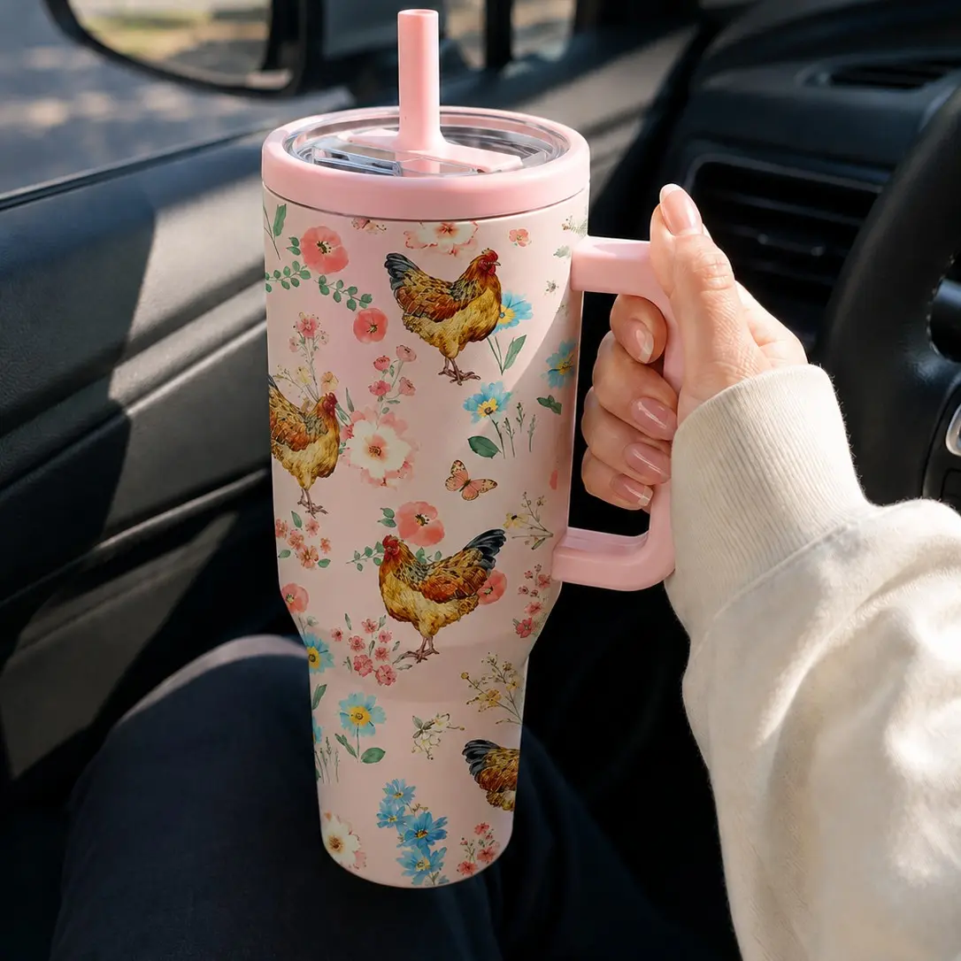 1PC 40oz /30oz Pink Floral Chicken Pattern Insulated Leakproof Tumbler with Handle & Flip Straw Lid, Double Wall Vacuum Leak-Proof Travel Mug, Hot 12H Cold 24H, Large Capacity Cup for Men Women, Easter Birthday Farmhouse Gift
