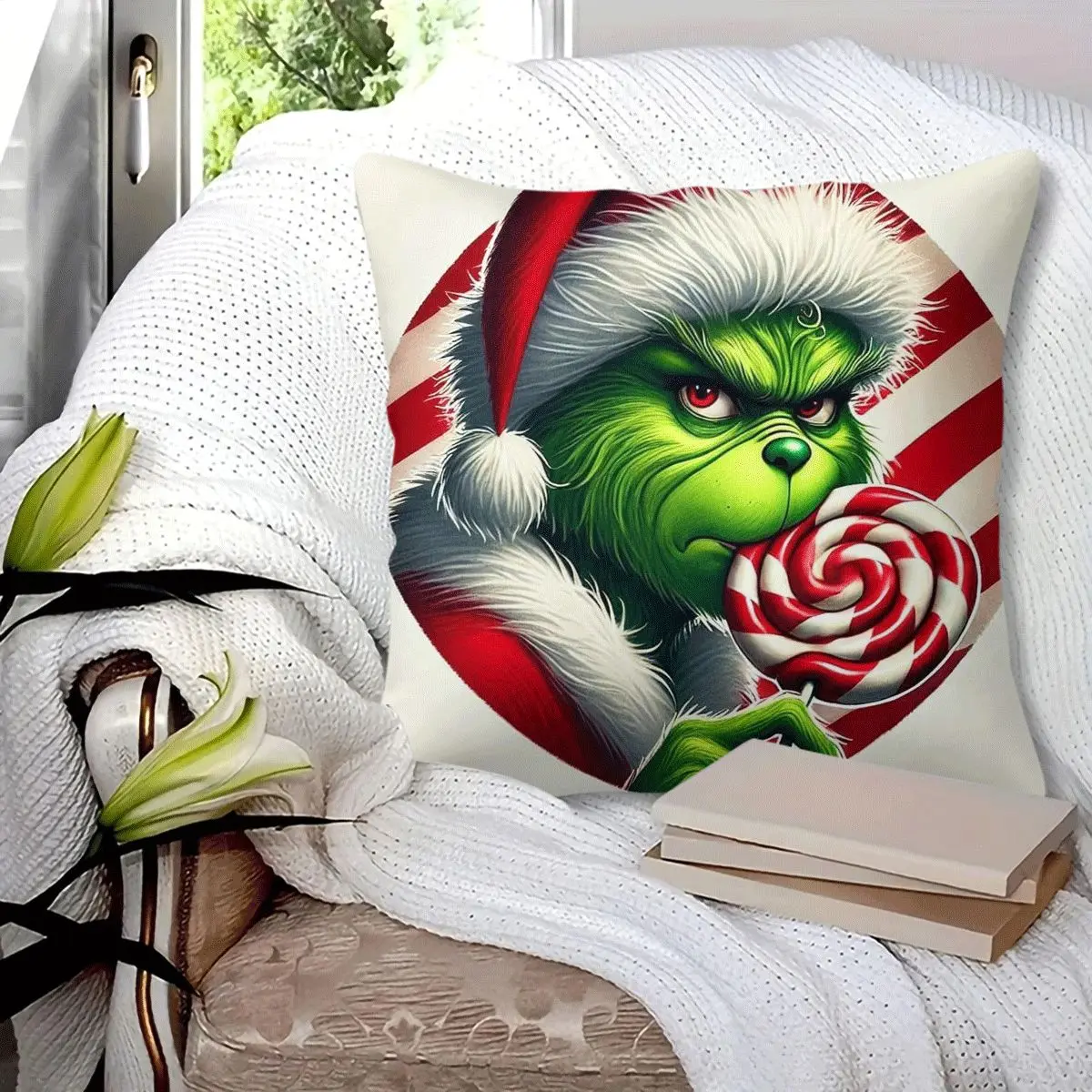 45x45cm 1Pc, Christmas Grinch Decorative Throw Pillow with Santa hat and candy lollipop print, soft, fluffy, durable and practical, perfect for sofa, bed, living room, bedroom home decor, great holiday gift