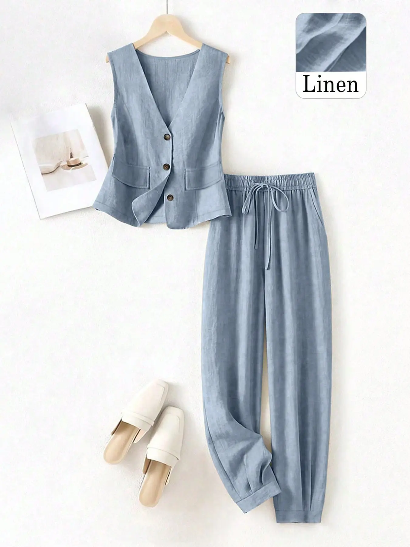 Women's V-Neck Sleeveless Waistcoat Set, Retro Single Button Design, High-Waisted Elastic Breathable Pants, Summer Daily Commute Casual Chic Set
