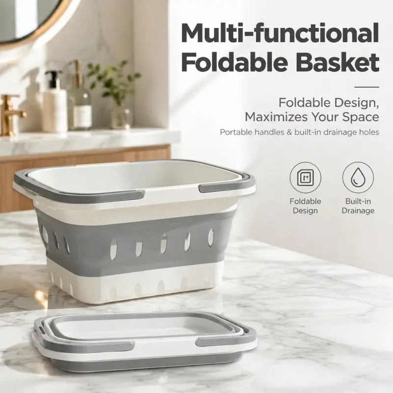 Multi-Functional Foldable Plastic Basket with Drainage Holes | Collapsible Storage Bin with Handles for Laundry, Kitchen, Bathroom & Camping