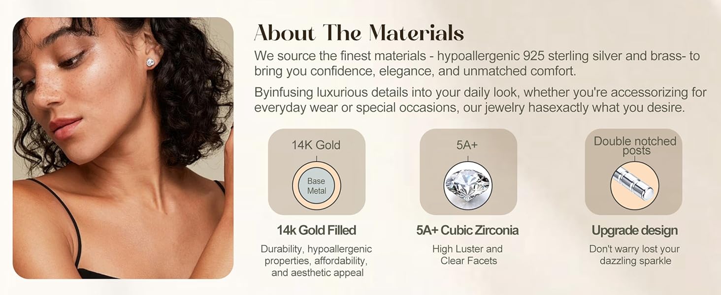 Trendy 4 Pairs Sterling Silver CZ Stud Earrings for Women 14K Gold Plated Brilliant Celtic Heart Big Stud Earrings Set Cubic Zirconia Earrings Studs for Sensitive Ear