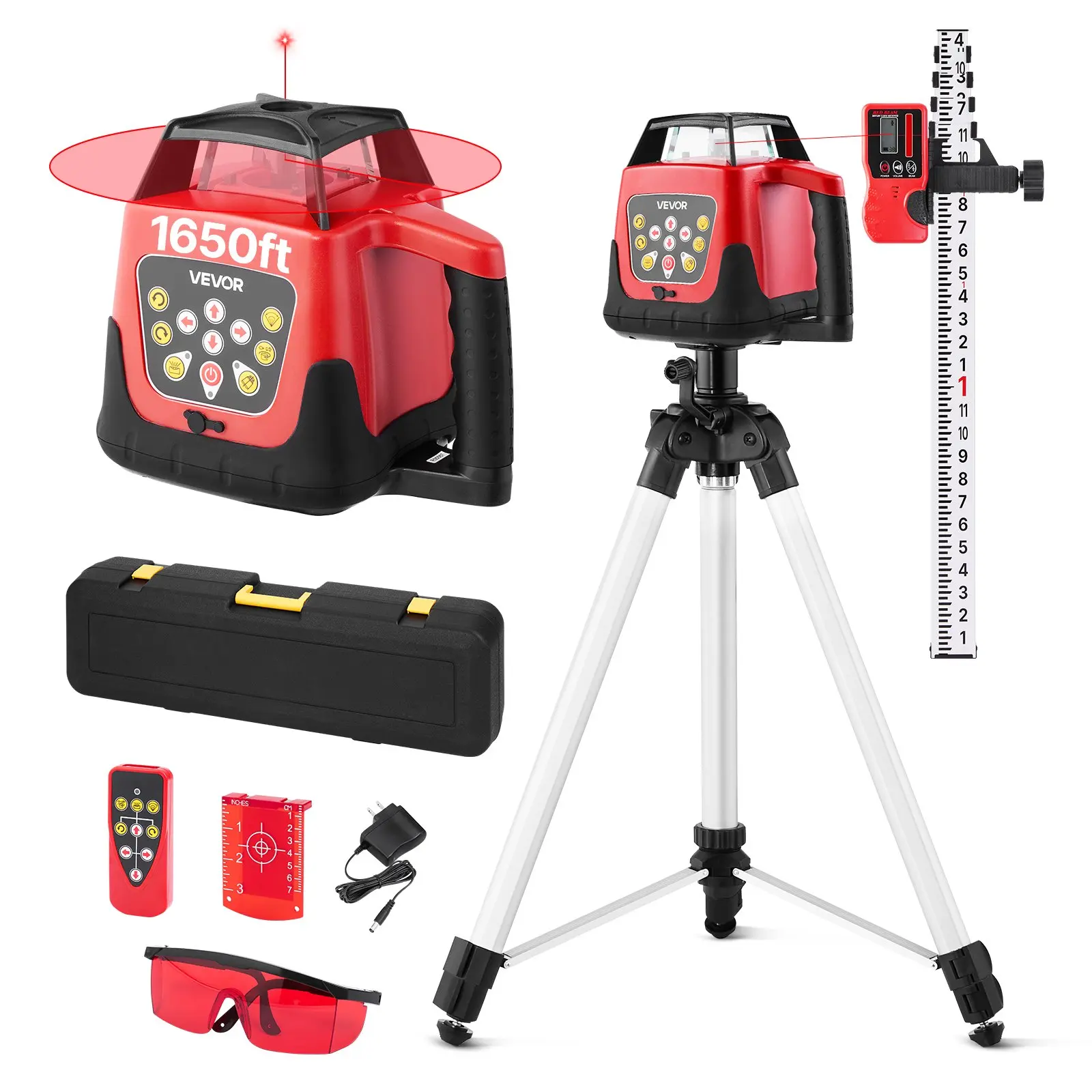 VEVOR Rotary Laser Level Complete Kit, 1650ft 360-Degree Self-Leveling Red Horizontal Lines Laser Transit, Includes Tripod, Receiver, Remote Control, Scale, Toolcase, IP66 Waterproof, 0.80in/100ft Precision for Construction