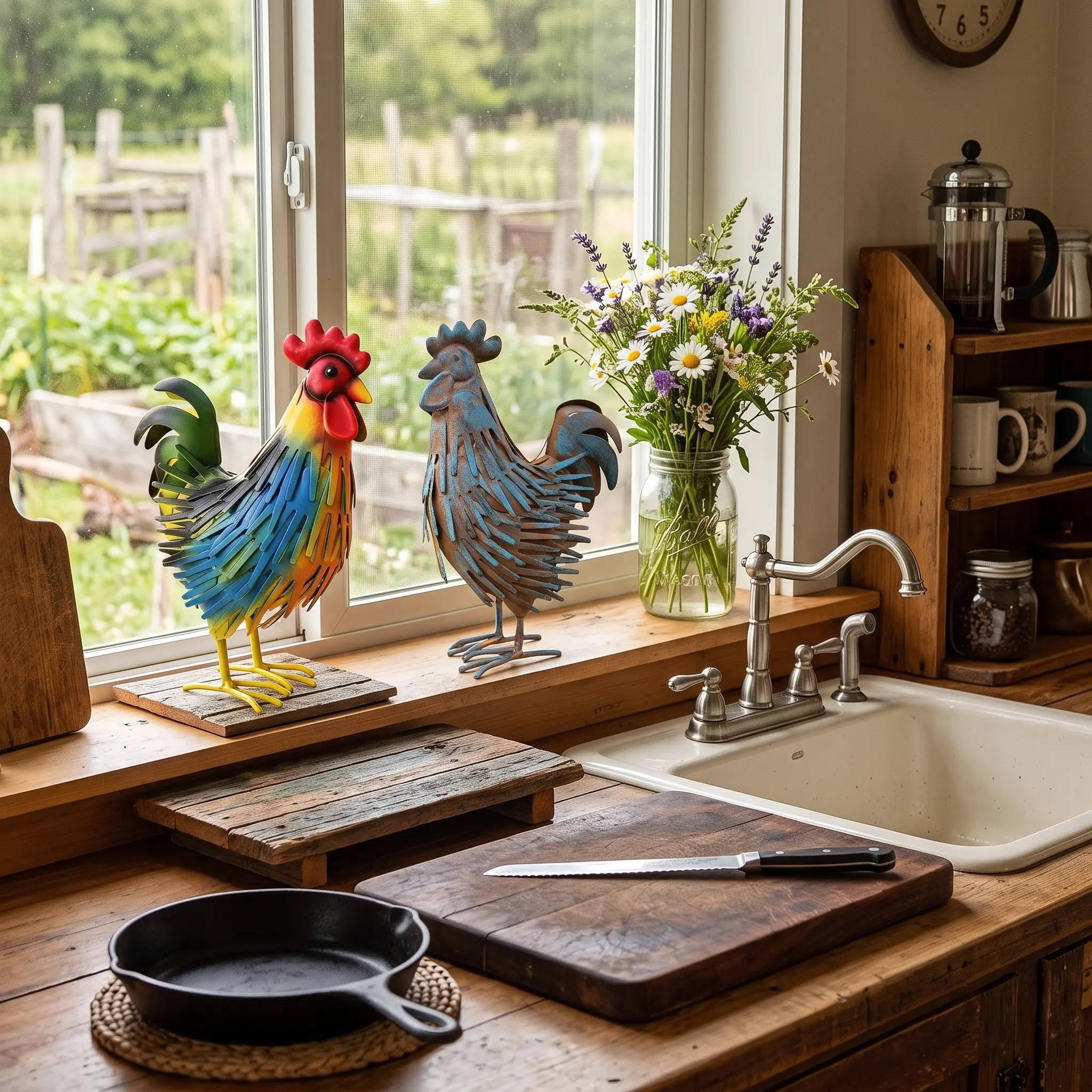 1Pcs Handmade Metal Rooster Figurine, Cozy Farmhouse Metal Rooster Decor 8.7" Rustic Farmhouse Rooster Statue Decor for Kitchen Countertop & Living Room, Vintage Country Yard & Garden Animal Sculptures Decorative Statues Housewarming Gift
