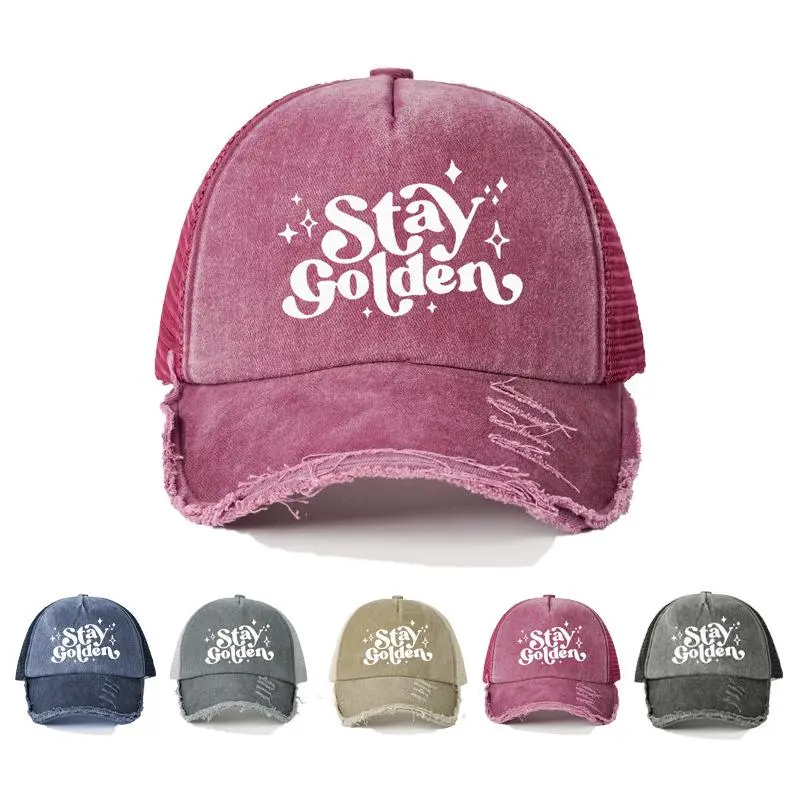 Vintage Washed Retro Trucker Hat - 70s Groovy Style, Distressed Frayed Brim, Mesh Back, Positive Affirmation "Stay Golden", Adjustable Snapback, Hair Bonnet Included, Fitted, Machine Washable, Unisex Universal Casual Fashion Accessory Cap, Unisex Wear