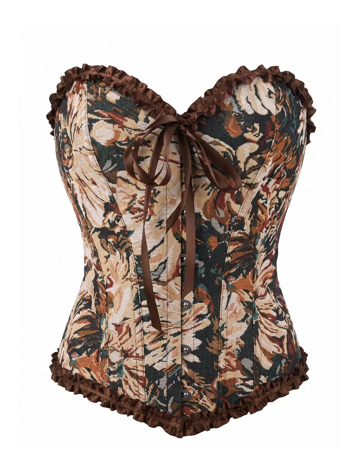 Vintage Oil Painting Floral Bustier Corset, Ruffle Ribbon Bow Fishbone Waist Cincher, Courtly Shaping Girdle