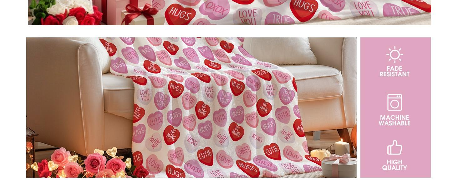 Valentine Flannel Blanket Throw, Pink Hearts with Words Soft Fuzzy Plush Cozy Fleece Blankets for Couch Sofa Bed Lounging, Ideal Gifts for Kids Adults Wife Self, 50x60