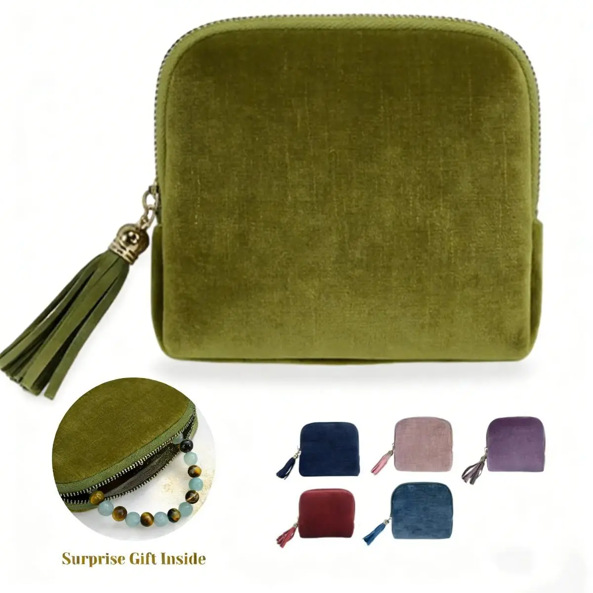 Women's Velvet Travel Jewelry Case - Foldable, Handmade, Durable, Anti-Theft Portable Small Zipper Organizer with Tassel Pull Tab, 4.5" L x 4.5" W x 1.2" H Mini Pouch with Space for Rings, Earrings, Bracelets, Necklaces (Traveling, Daily Use), Dustproof,,