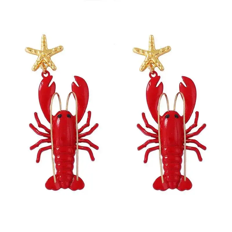 Creative Long Whisker Painted Lobster Earrings Cartoon Ocean Style Animal Dangles Unique Red Summer Jewelry Gifts for Women