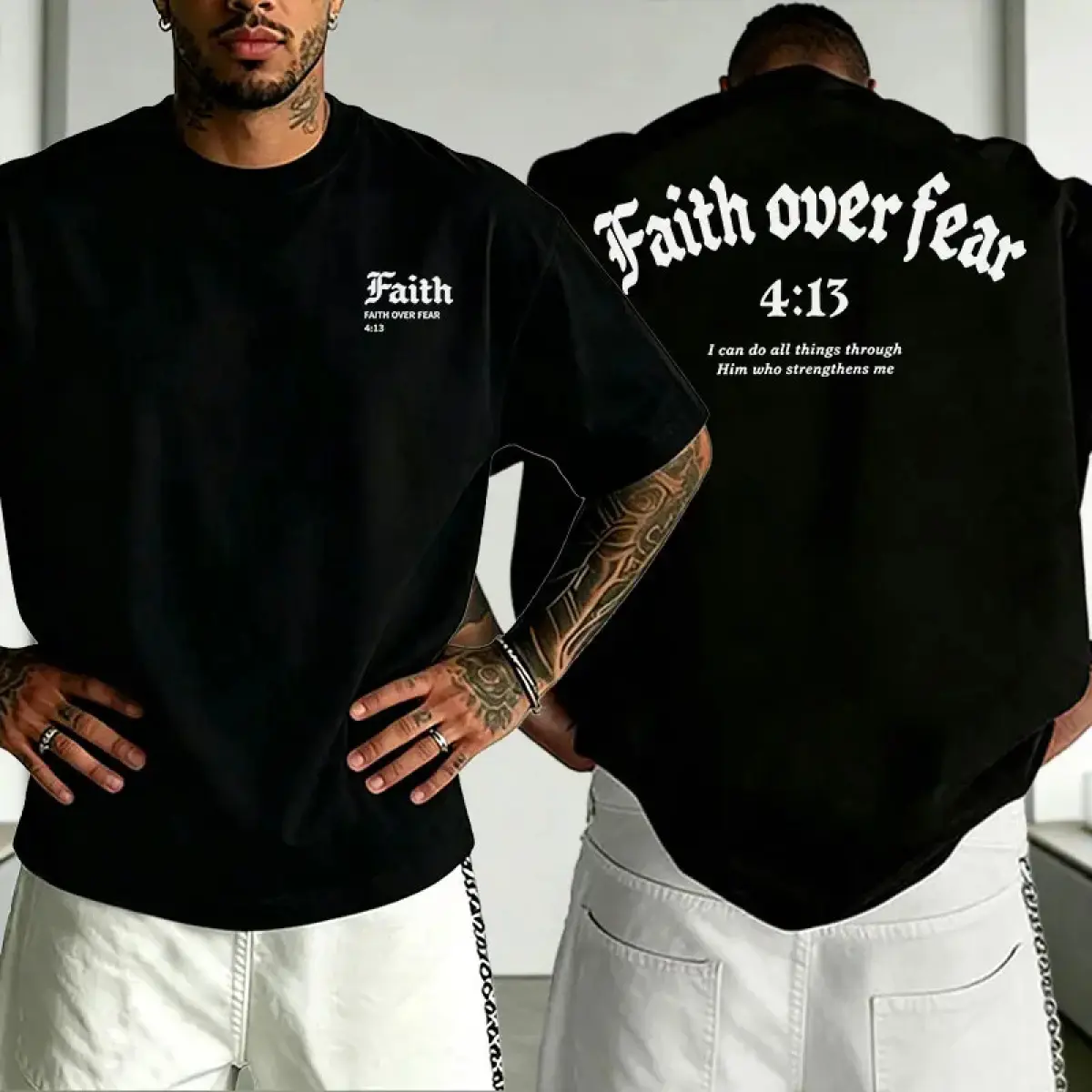Men's Faith Over Fear Graphic T-shirt - Gothic Christian Streetwear with Short Sleeves and Round Neck, Soft Fabric for Casual or Church Wear