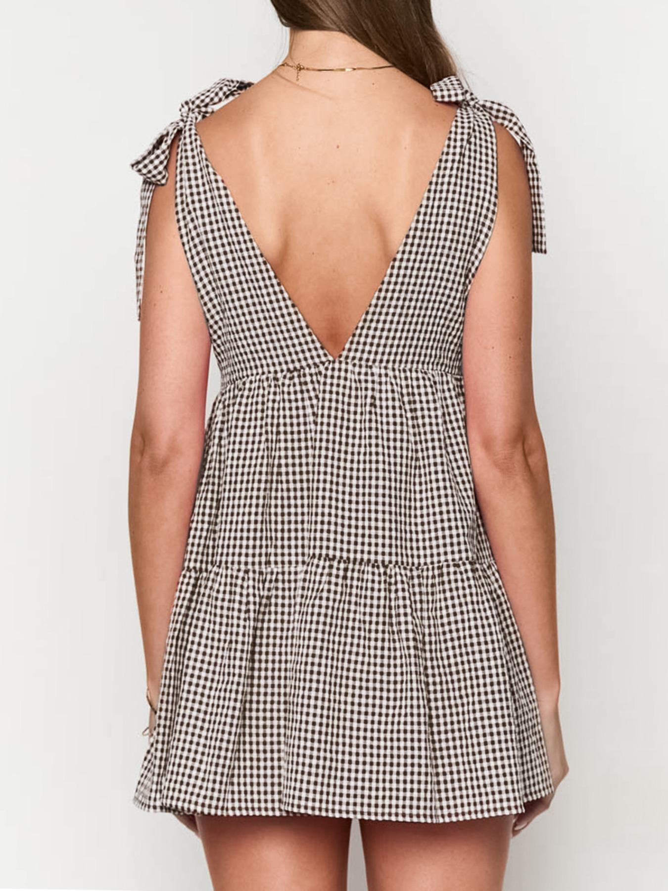 Women's Plaid Print Bow Decor Tie Shoulder Dress, Casual Fashion Gingham Dress for Daily Holiday Vacation Wear, Ladies Dress for Summer