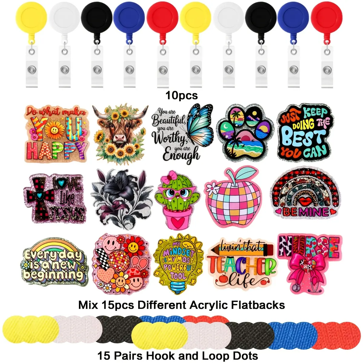 2D Flat, 40pcs DIY Badge Reel Craft Kit, Mix 15pcs Different Theme Acrylic Flatbacks, 10pcs Colorful Retractable Badge Reels, 15 Pairs Self Adhesive Hook and Loop Dots, Craft Supplies for ID Badge and Accessories