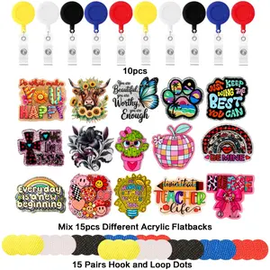 2D Flat, 40pcs DIY Badge Reel Craft Kit, Mix 15pcs Different Theme Acrylic Flatbacks, 10pcs Colorful Retractable Badge Reels, 15 Pairs Self Adhesive Hook and Loop Dots, Craft Supplies for ID Badge and Accessories