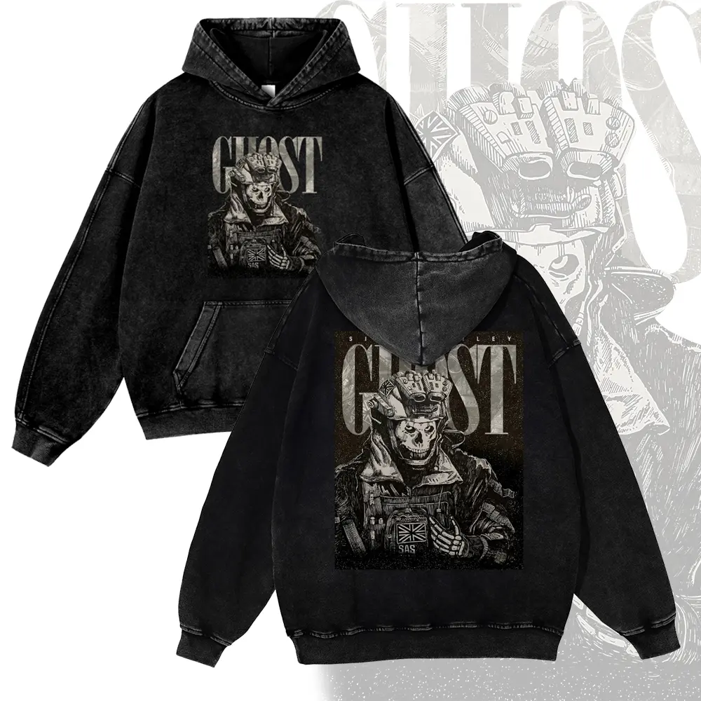 Tactical Skull Soldier Ghost Graphic Hoodie Acid Wash Oversized Gamer Sweatshirt Y2K Streetwear Unisex